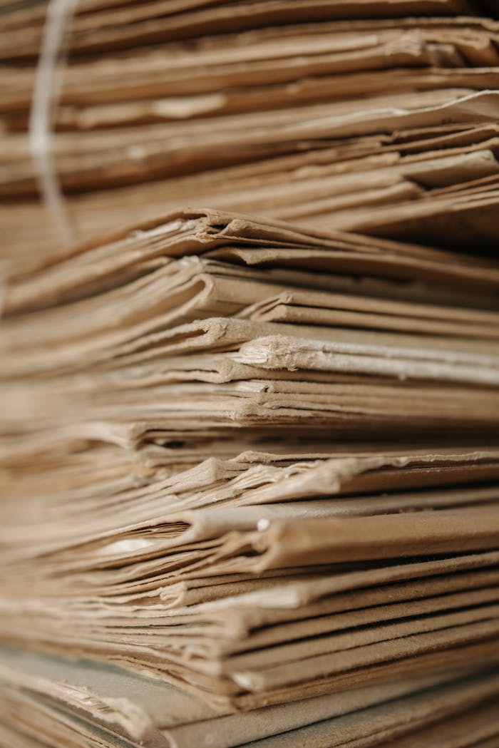 Close-up of stacked recycled cardboard sheets with visible texture and selective focus.